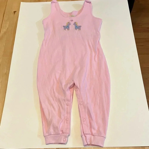 Vintage Okie Dokie Pink BUBBLE OVERALLS Size 24M 100% Cotton Heart Horses - Picture 1 of 9